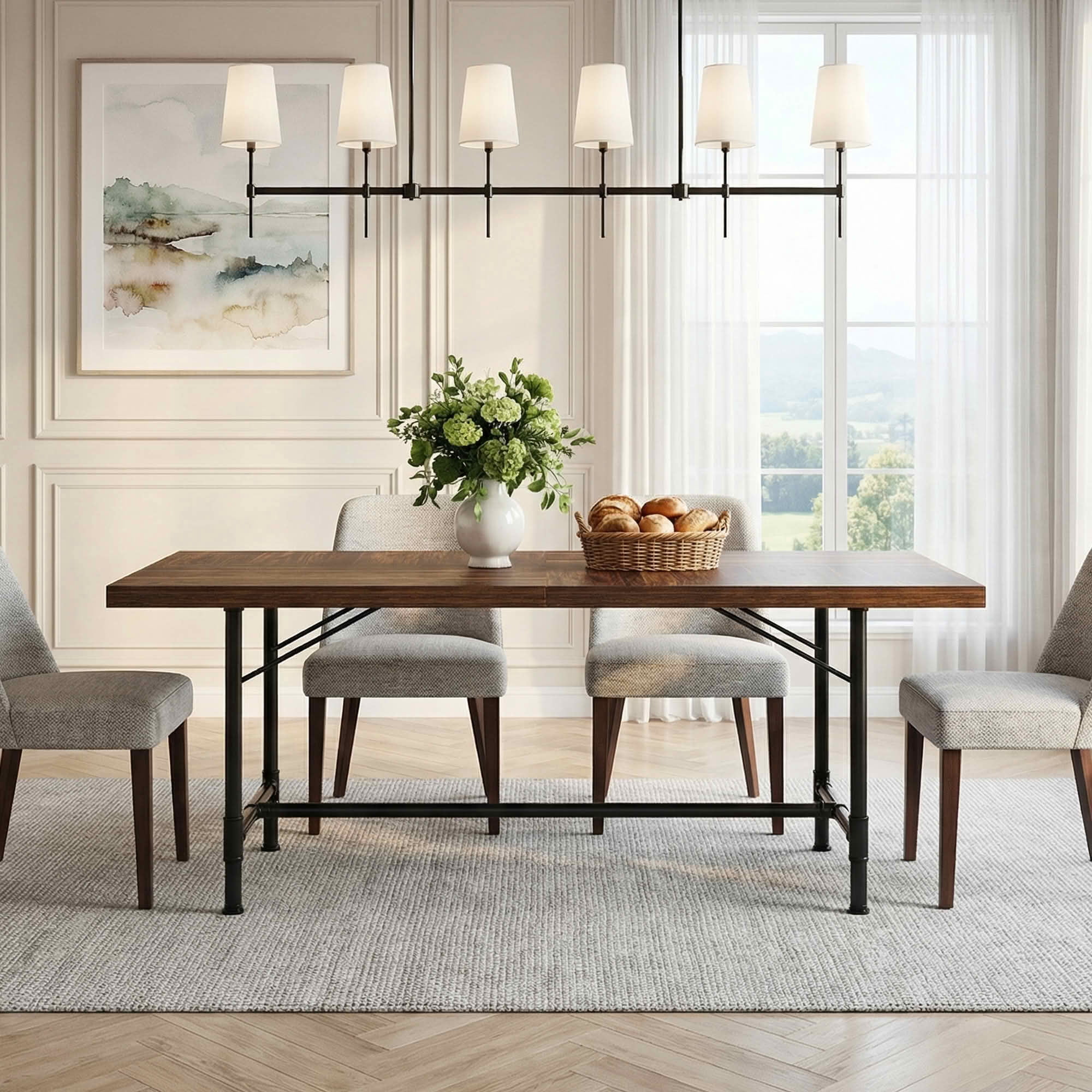 MAYEERTY 71" Industrial Rustic Dining Table, 6-8 Seater Thick MDF Top & Black Metal Frame Multiuse Kitchen Conference Table