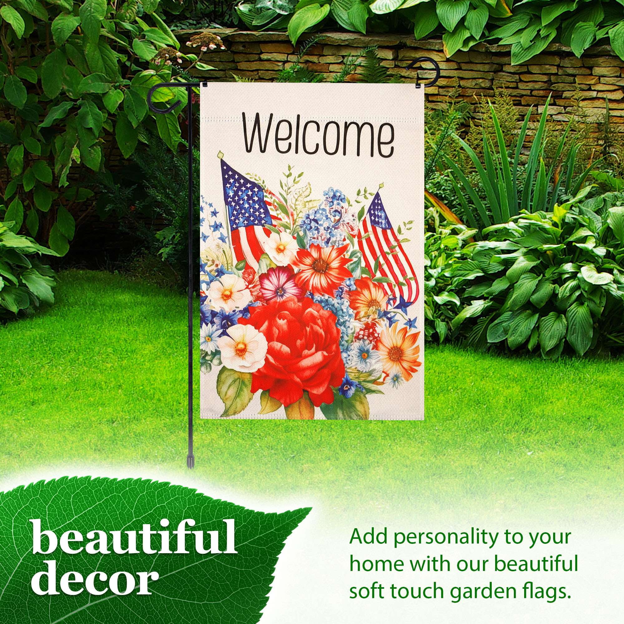 G128 Combo Pack Garden Flag Stand Black 36x16IN & Garden Flag Welcome American Flag Flowers Printed 12x18IN Double Sided Yard Garden Lawn Decoration