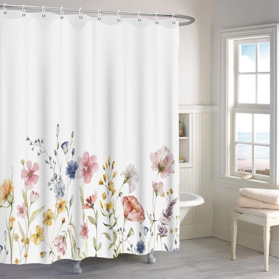 Floral Shower Curtain, Garden Flower Wildflowers Bathroom Curtain, Spring Blossom Watercolor Botanical Herb Natural Shower Curtain Set with 12 Hooks for Bathroom 72Wx72L inch
