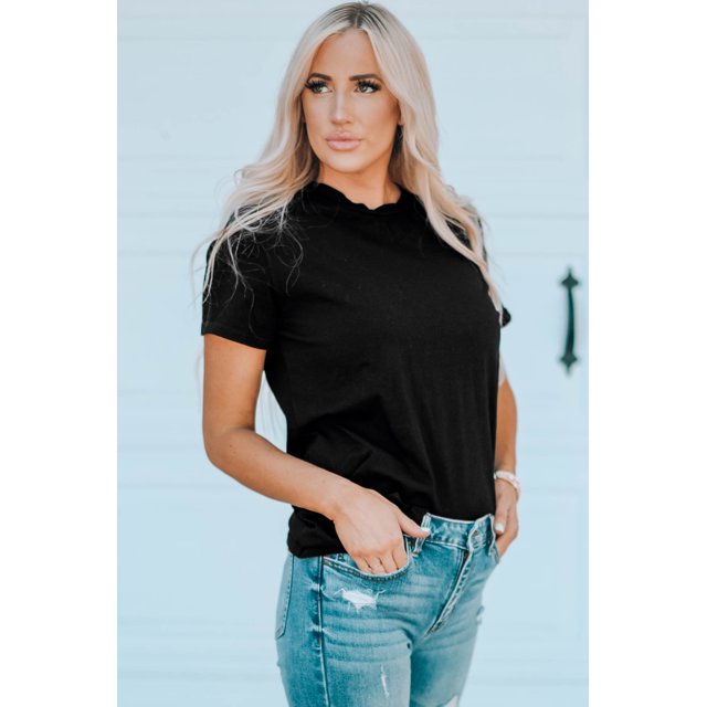 ABPHQTO Camiseta negra lisa de manga corta con cuello redondo para mujer