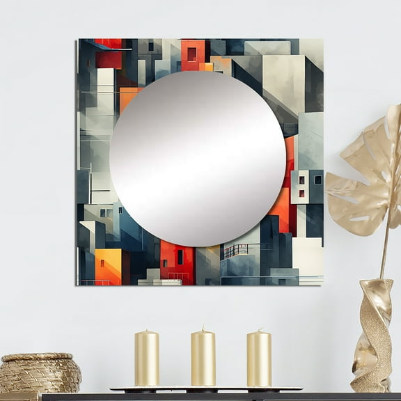 Designart "Wall Pattern With Grey Cubic Stripes" 0 Square Mirror For Wall Decor - Large Grey Square Printed Wall Mirror Art - Square Modern Mirror - Wall Mounted Square Large Mirror