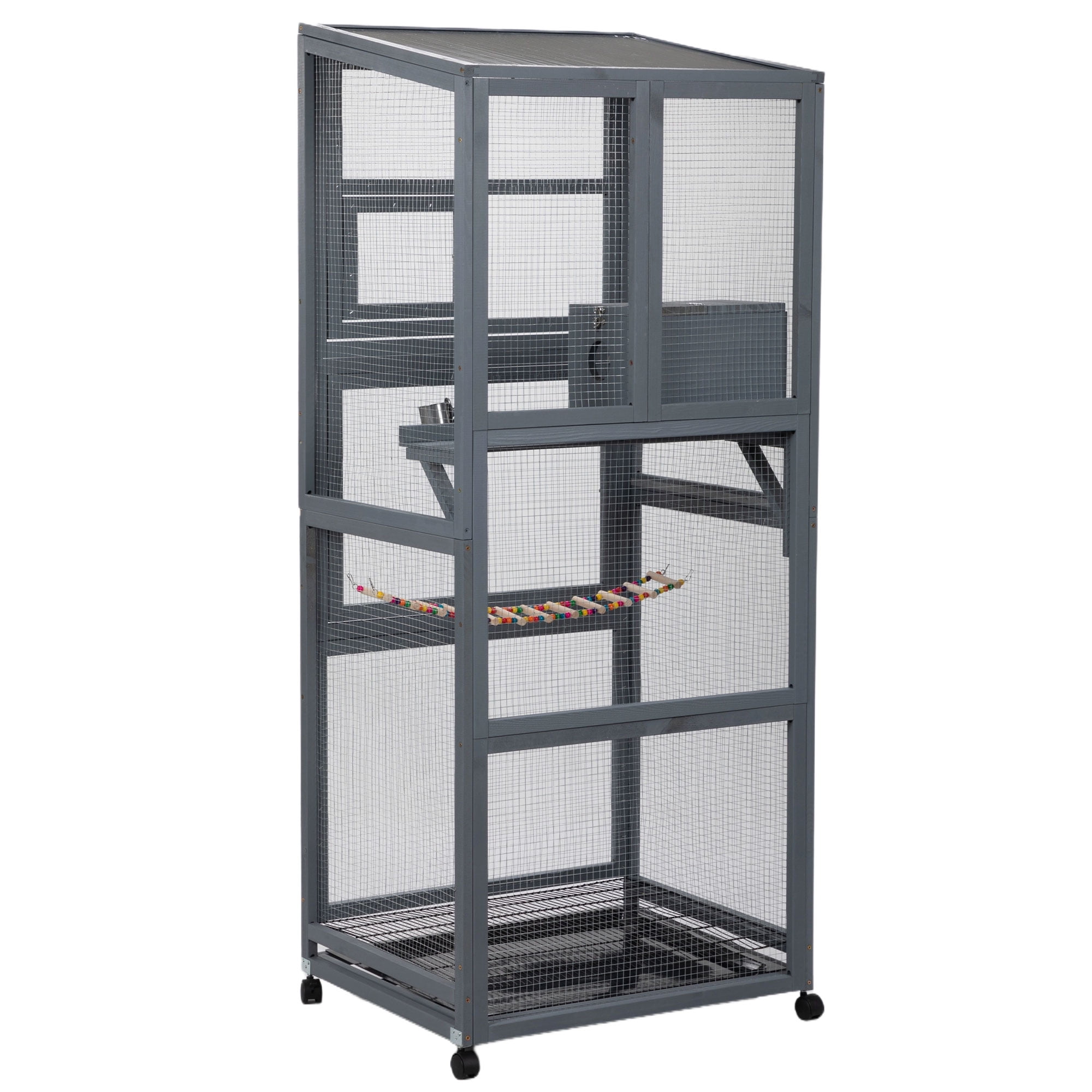 Kadyn 68" Outdoor Large Bird Cage with Universal Wheels, Wood Bird Aviaries Flight Cage Indoor Bird Habitats for Habitat for Parakeets, Lovebirds, Canaries, Gray