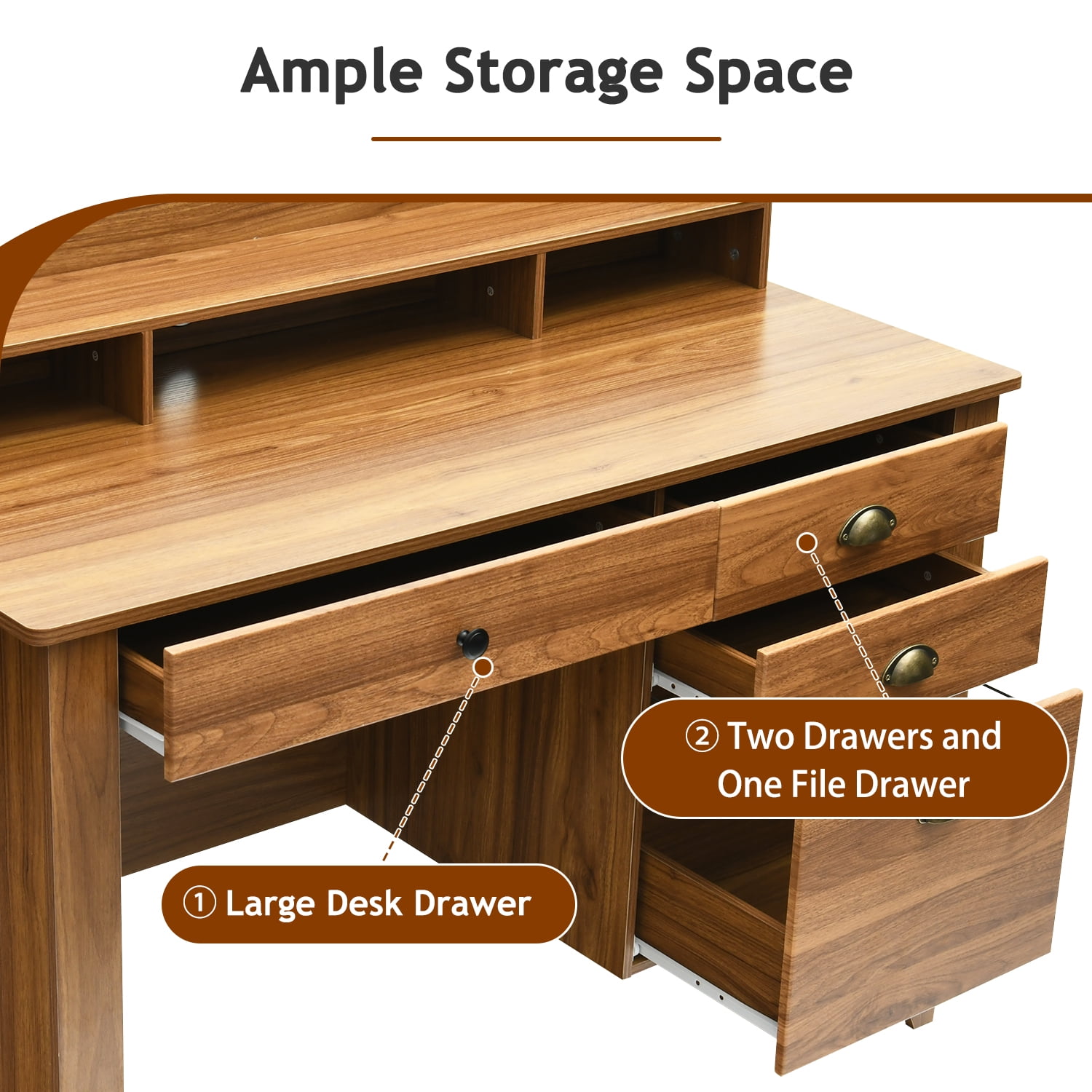 Catrimown Computer Desk, 47.5 in Wood Home Office Desk with Hutch and 4 Drawers, Monitor Stand, Rustic Brown