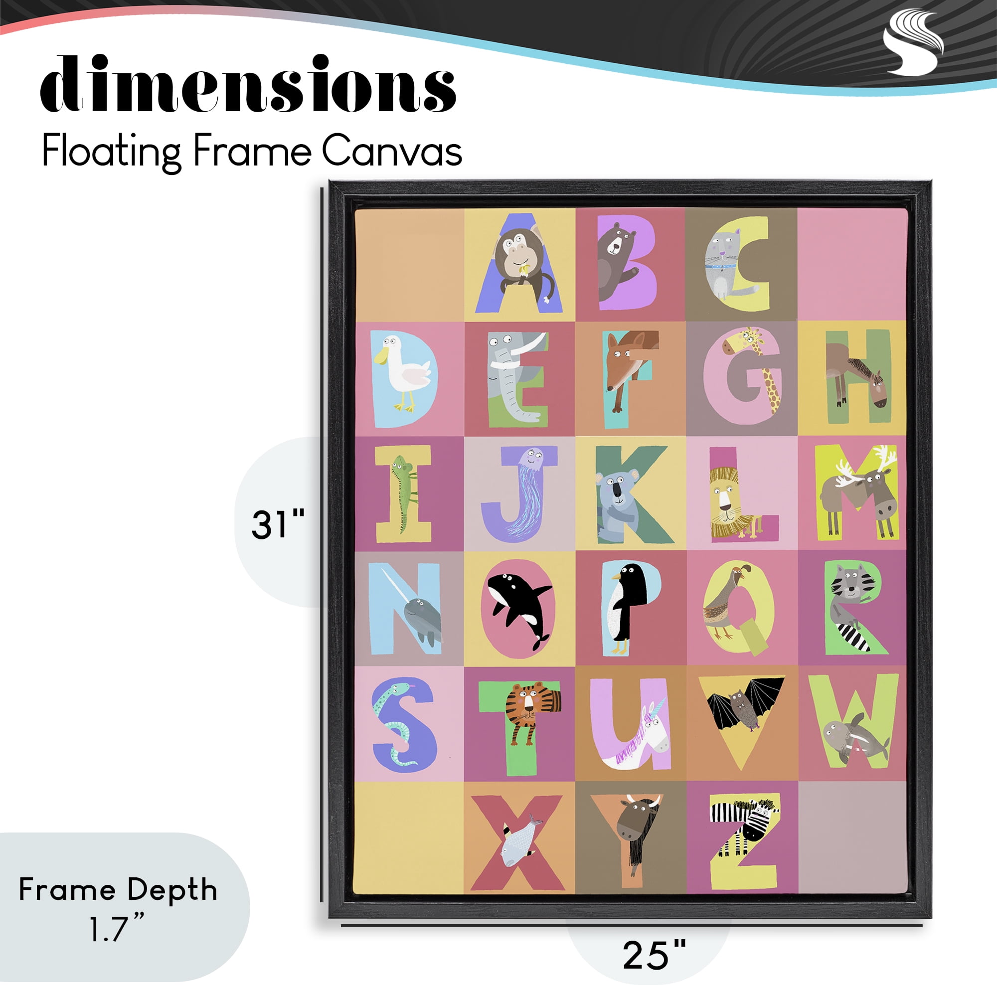 Stupell Industries Animal Alphabet in Pink Black Framed Floater Canvas Wall Art, design by Carla Daly