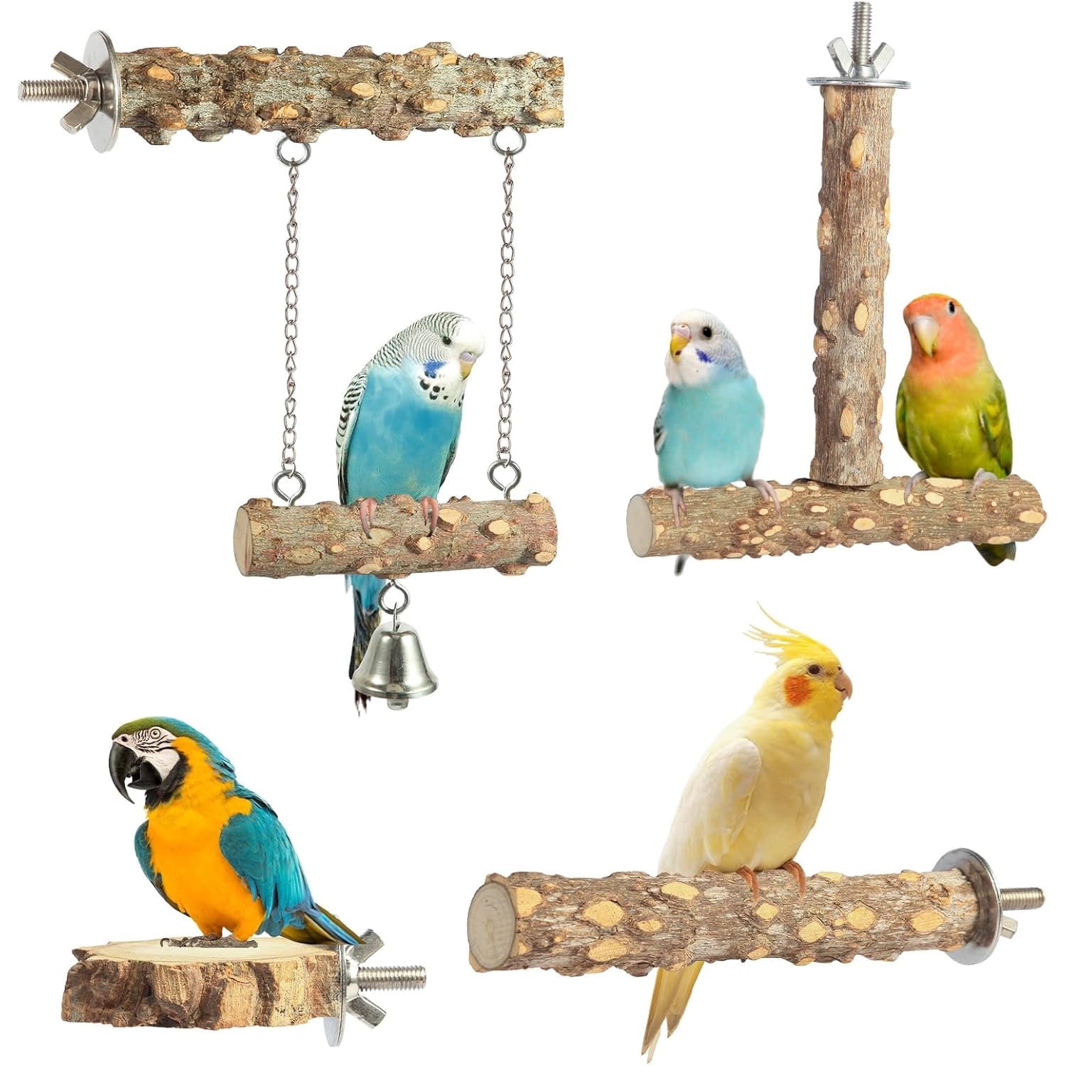 4 Pcs Bird Perches, Natural Wood Parrot Perch Stand, Bird Cage Accessories for Lovebirds Cockatiels Conure