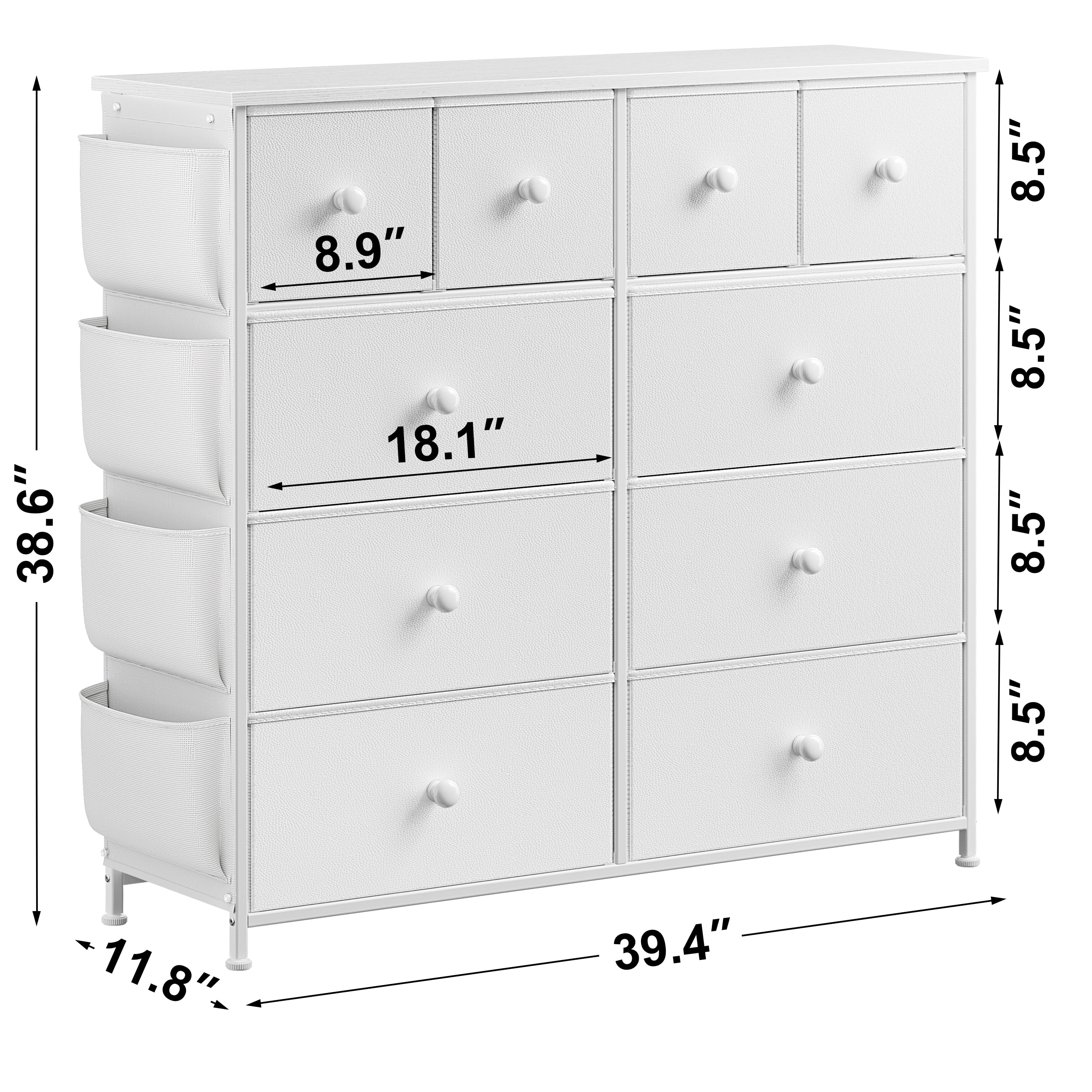 KOUSEI 10 Drawer Dresser,Fabric Dressers for Bedroom,Chest of Drawers with 4 Side Pockets,Storage Drawers,White