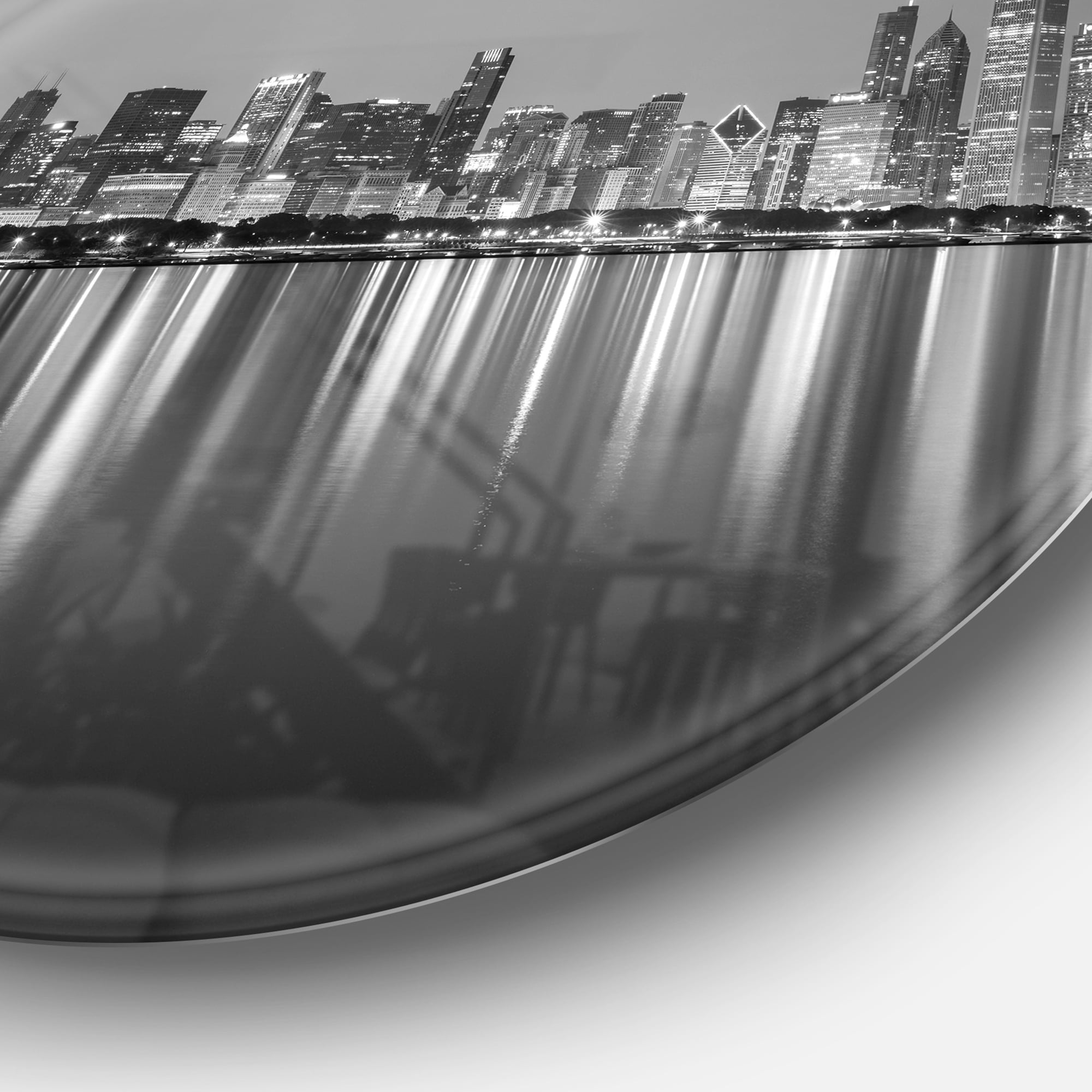 Designart Chicago Skyline at Night Black and White' Ultra Glossy Cityscape Circle Wall Art