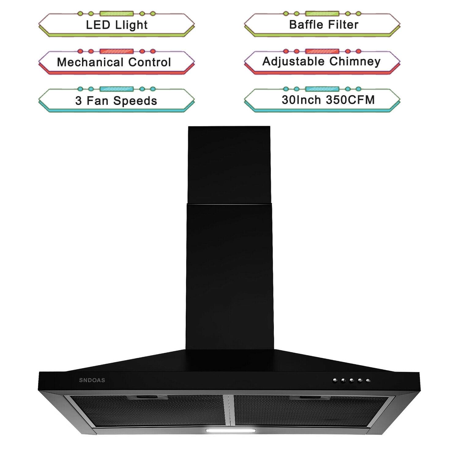 30 inch Range Hood Cooking Stove Vented Wall Mounted Range Hood LED 350 CFM 3 Speed Motor