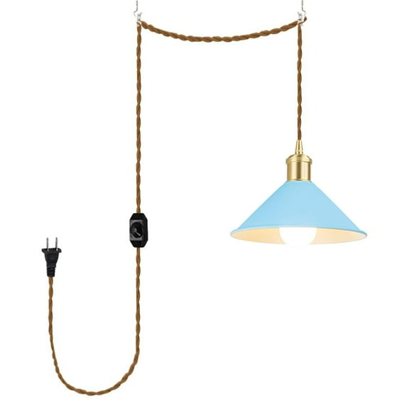 KAYYELAMP 15ft Plug in Dimmable Cord Hanging Light Brass Base Blue Metal Shade Classic Style Pendant for Farmhouse Home Store(No Bulb)