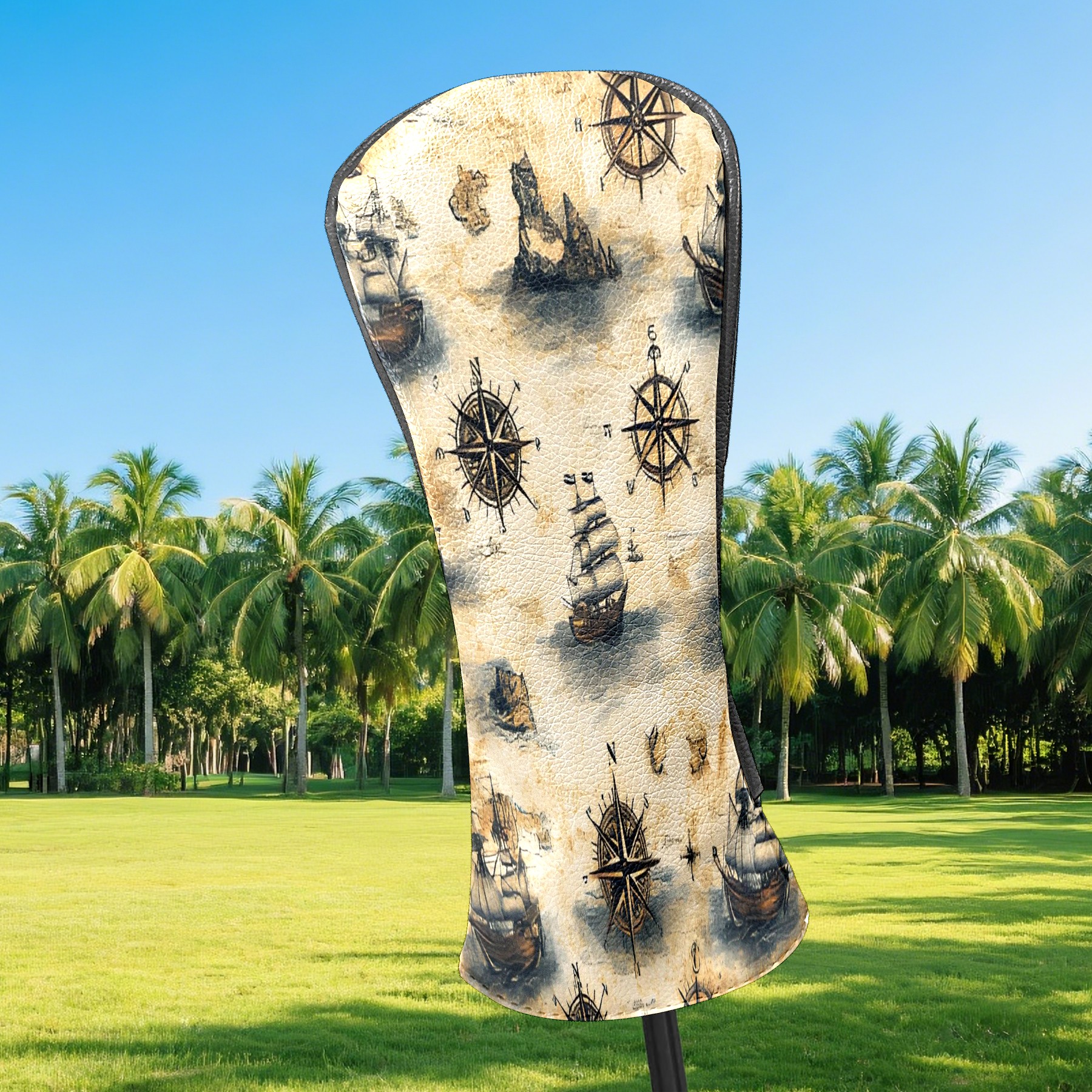 Golf Club Covers, Brown Vintage Sailing Premium PU Leather Driver Hybrid Putter Head Covers with Velvet Lining, Waterproof Golf Gifts for Men Women