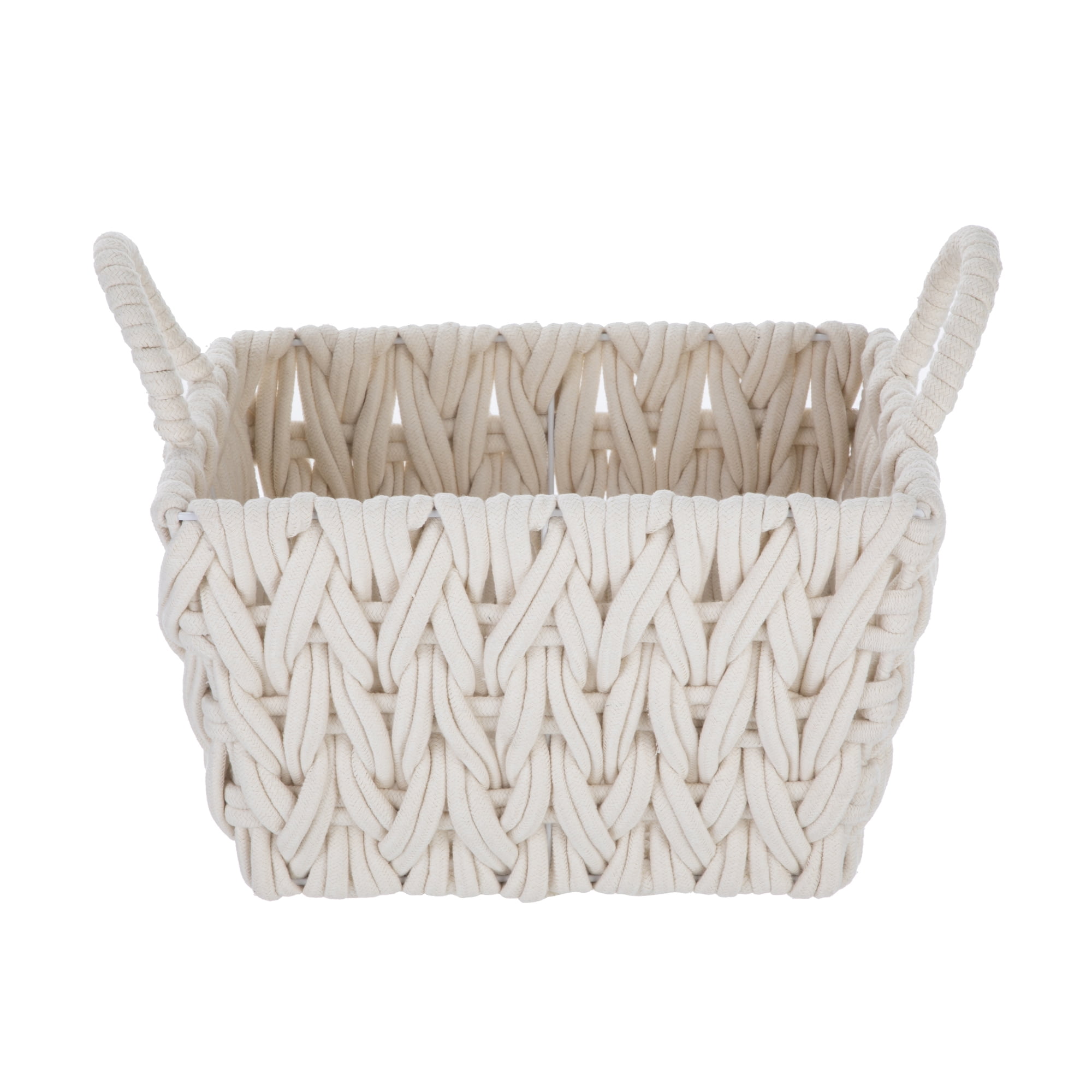 Better Homes & Gardens Medium White Woven Rope Decorative Storage Basket with Handles, 14.25 in x 11.25 in x 8.5 in