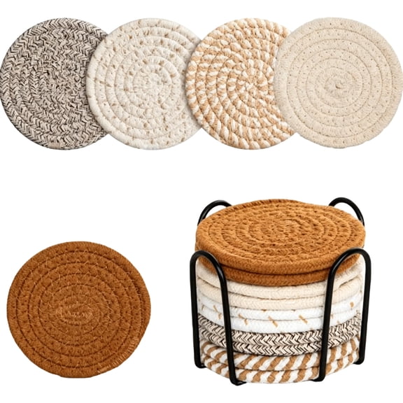 10 Piece Set Cotton Rope Woven Round Placemats with Stand Heat Resistant Table Mats Coasters for Dining Table Kitchen Office