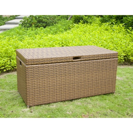 40" Honey Brown Resin Wicker Outdoor Patio Garden Hinged Lidded Storage Deck Box