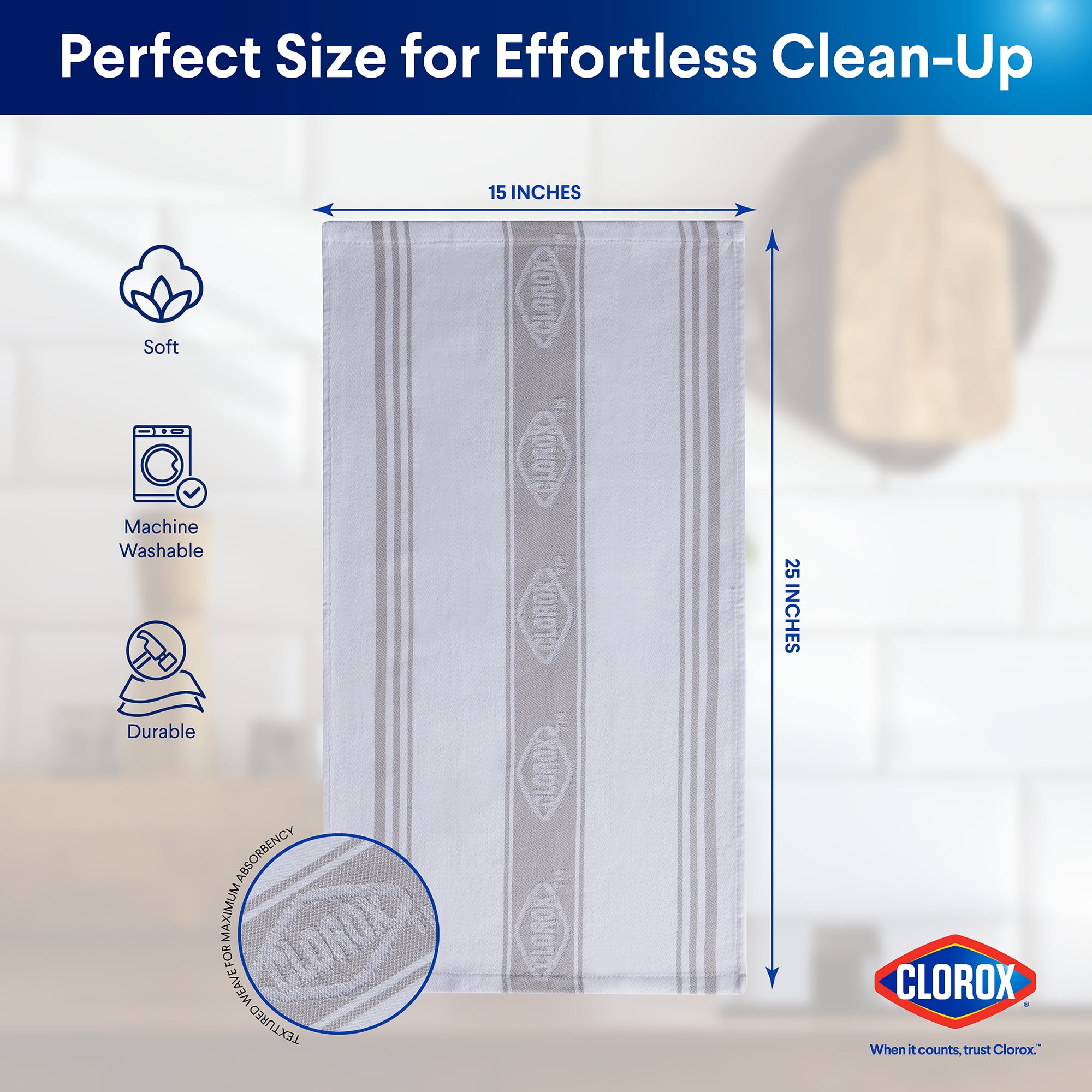 (2 pack) Clorox Cotton Kitchen Towel 1 Pack, Durable for Cooking, Drying Dishes, Cleaning - (15" x 25") Gray
