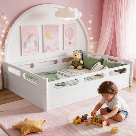 Bellemave Full Size Floor Bed with Full-Length Guardrails, Low Profile Montessori Bed Frame for Bedrooom, White