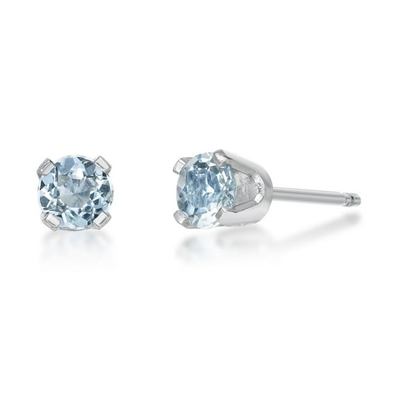 14K White Gold Round Aquamarine Stud Earrings - 3mm
