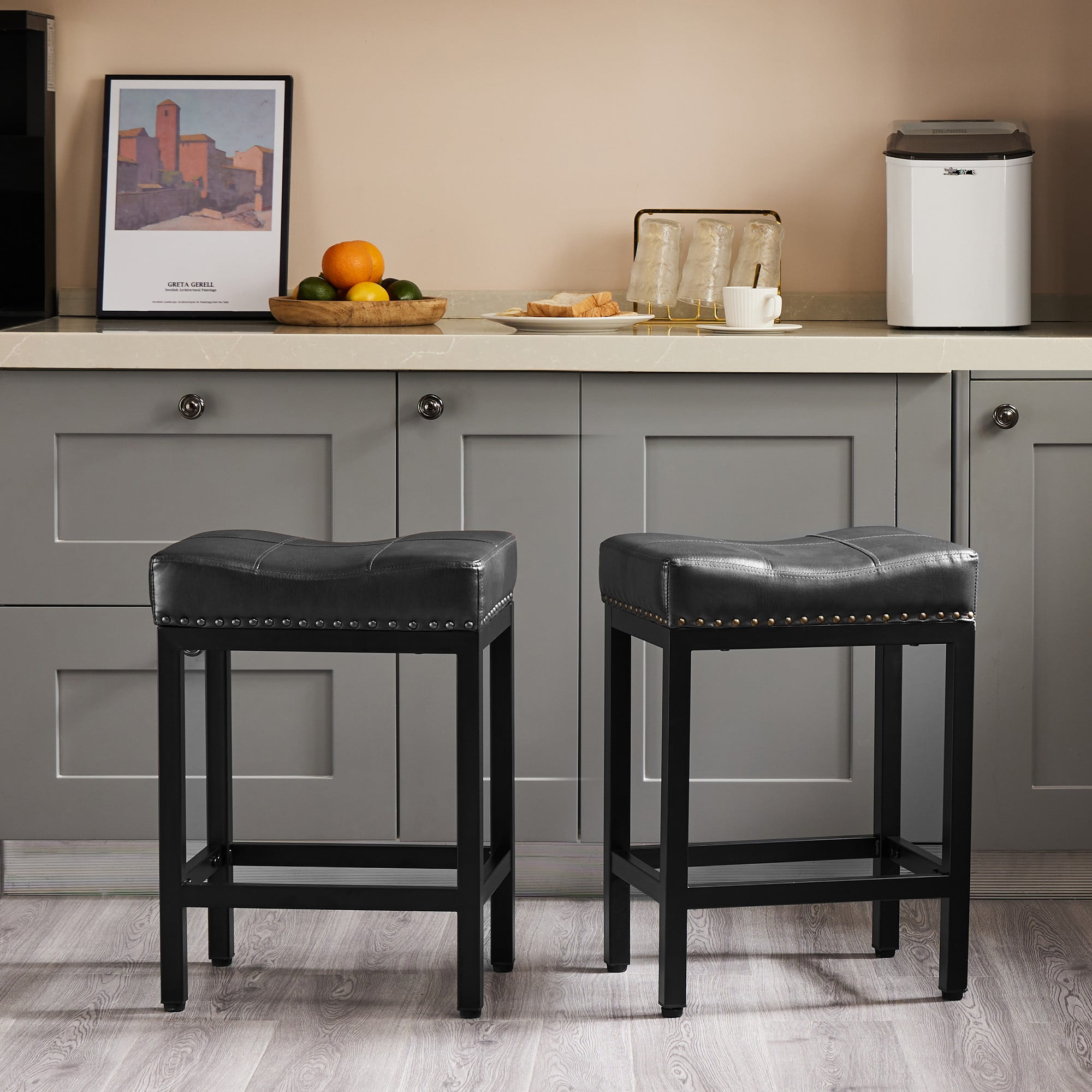 CONCETTA Set of 2 Bar Stools - 24in Counter Height, Metal Base & PU Leather Seats, Black