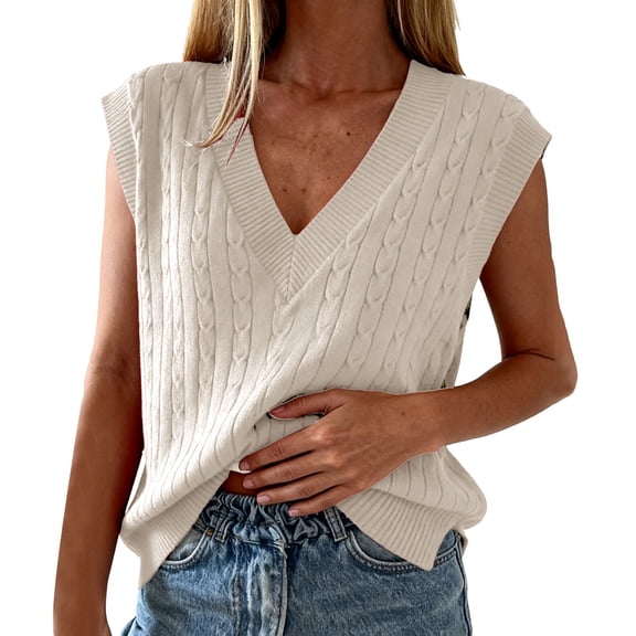 Women's Solid Color V-Neck Knit Vest, Cable Embossed Sleeveless Sweater, Lightweight Layering Piece, Autumn Spring Wear, Casual Tank Top, Versatile Knitwear Beige L