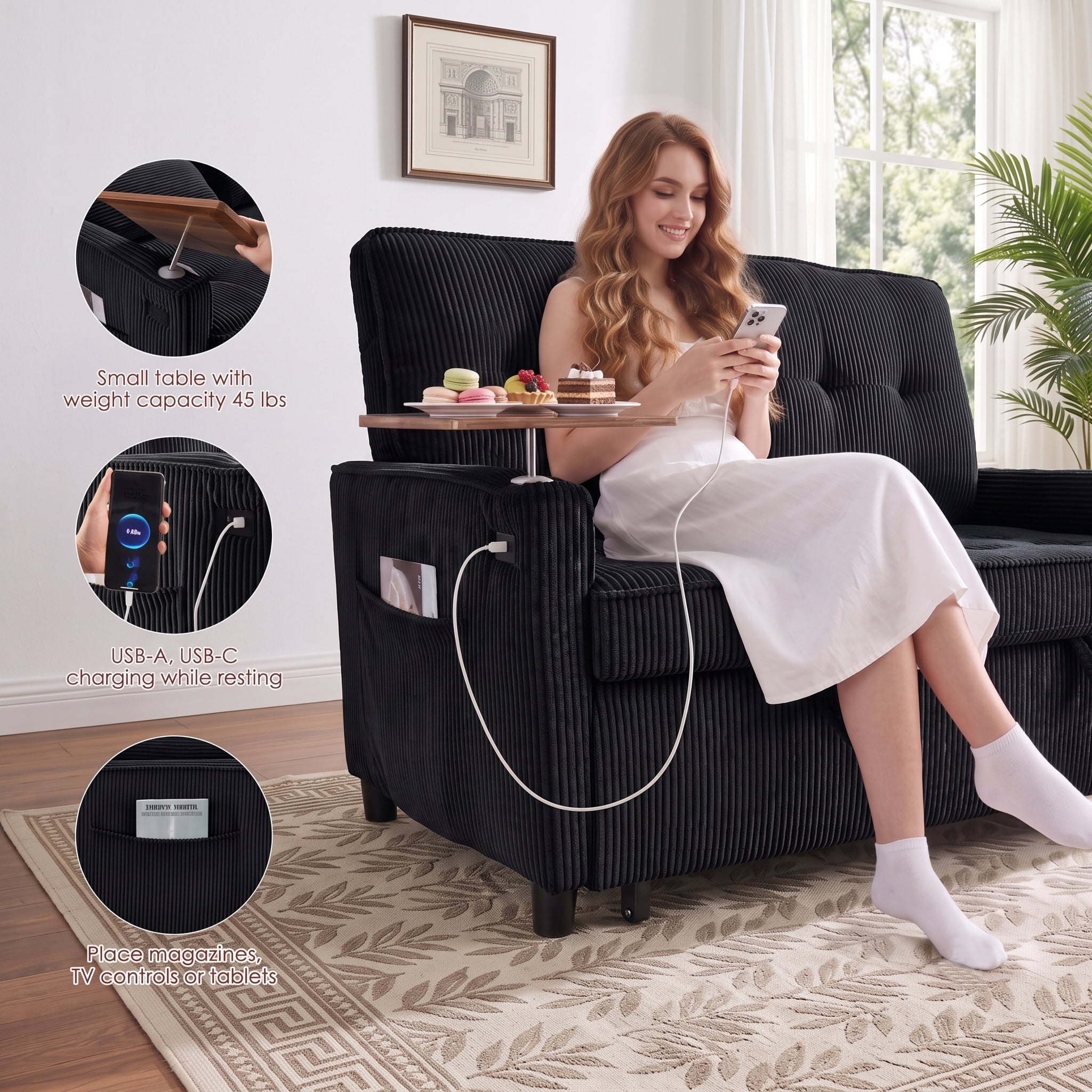 avobird 54'' 3 in 1 Pull Out Sofa Bed, Convertible Couch with Adjustable Backrest/Side Pockets/USB Charging Ports, Sleeper Sofa with small table for Living Room, Black
