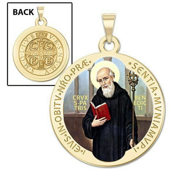 Saint Benedict Religious Medal Color - 1 Inch Size of a Quarter - Solid 14K Yellow Gold