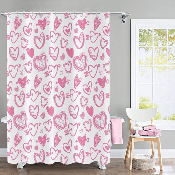 Valentine''s Day Shower Curtain, Romantic Love Theme Pink Little Heart Girly Bathroom Curtain Home Decor Waterproof Fabric Machine Washable with 12 Hooks