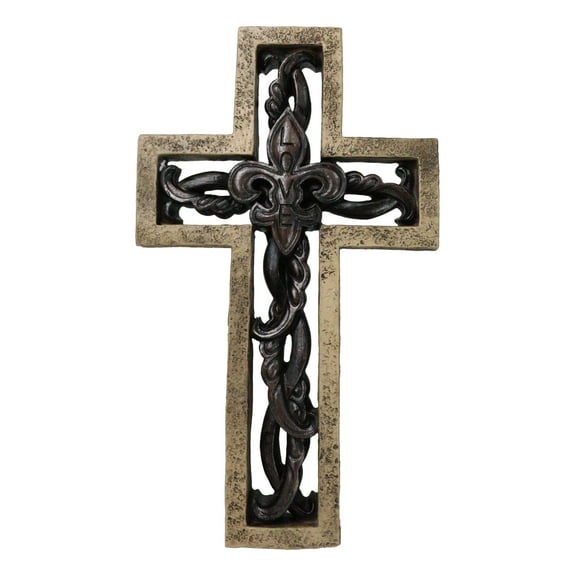 Rustic Faux Stone Fleur De Lis French Lily Scrollwork Tuscany Wall Cross