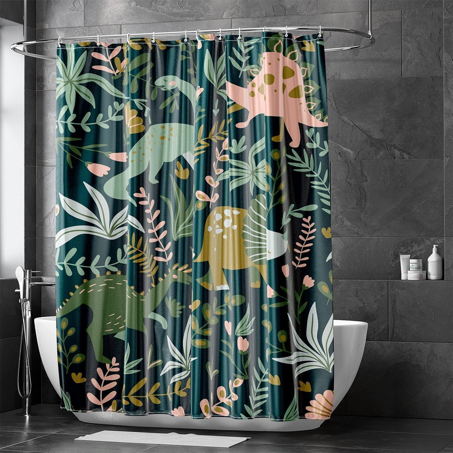 Kids Shower Curtains,Funny Dinosaur Shower Curtains, Cute Dinosaur for Boys Girls, Green Plant Leaf Flowers Colorful Bathroom Decor with Hooks Waterproof Fabric Polyester Bathtub Decorative