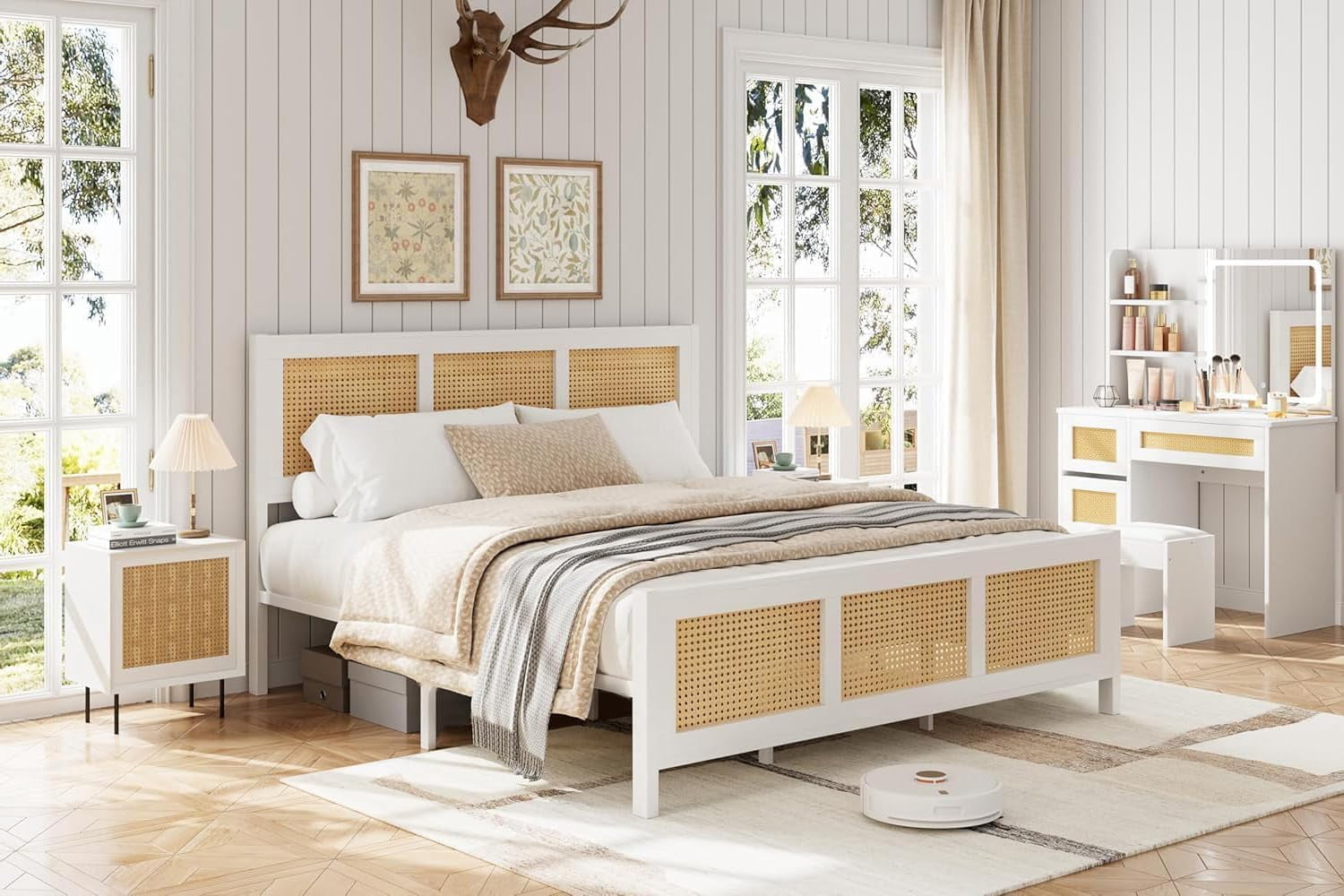 Full Size Bohemian Rattan Bed Frame with Headboard, Metal Slats, 14" Storage, No Box Spring Needed, White/Natural