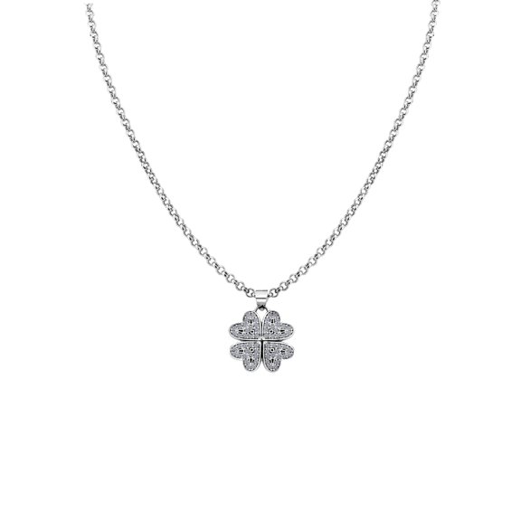14k White Gold Cubic Zirconia Heart Clover Pendant with 0.9mm Dainty Rolo Chain