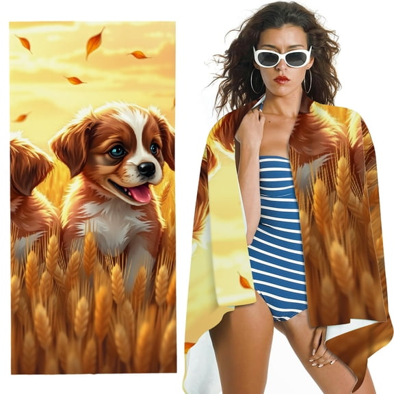 RKSupls Puppies In Wheat Field Autumn Microfiber Beach Towel, Extra Large Quick Dry Lightweight Absorbent Towel for Travel Swimming Camping, Soft Super Absorbent- 30x60 in