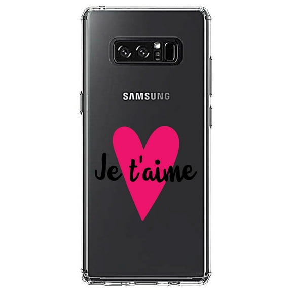 DistinctInk Clear Shockproof Hybrid Case for Samsung Galaxy Note 8 - TPU Bumper Acrylic Back Tempered Glass Screen Protector - Je T'Aime - Pink Heart