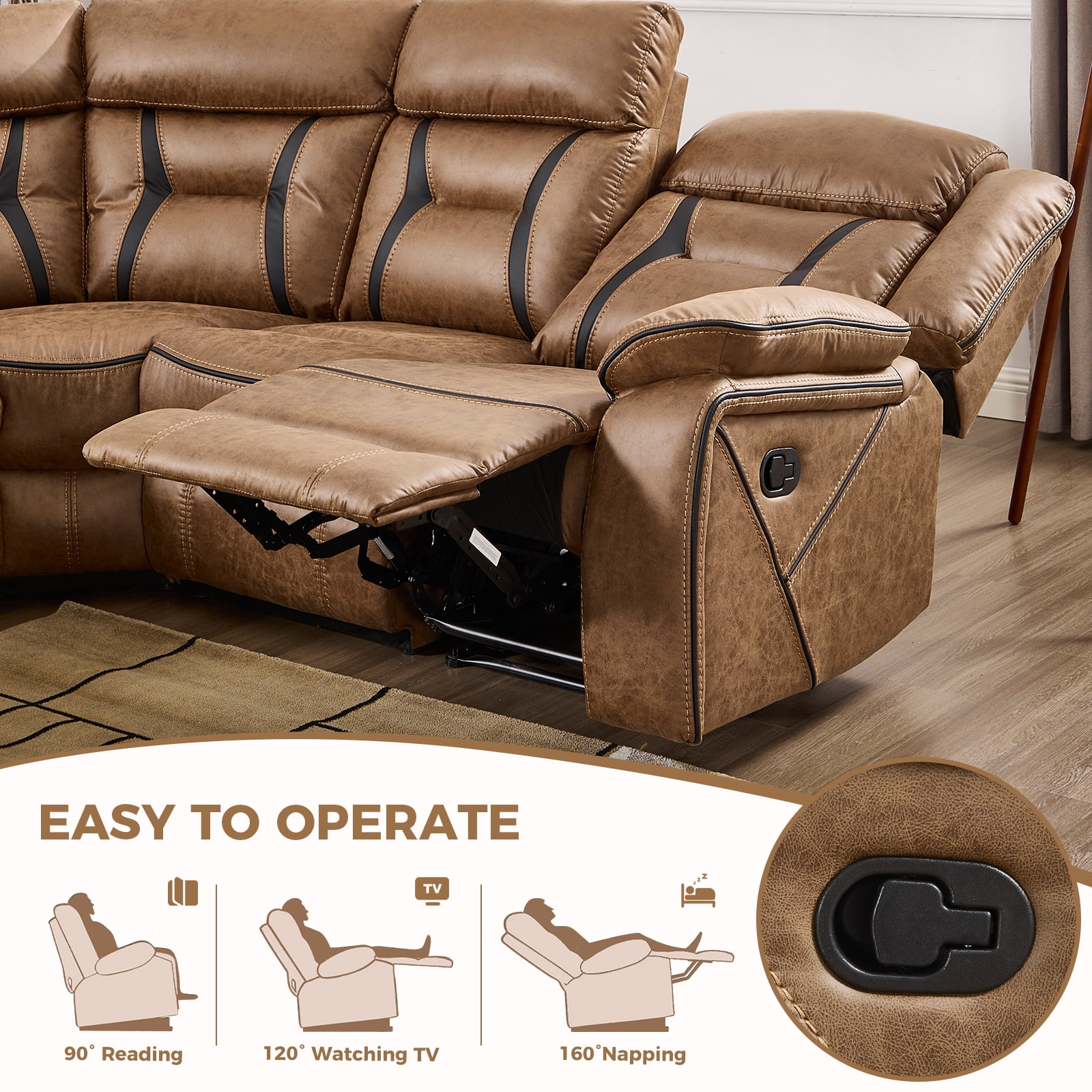 Bonzy Home 5‑Seat Reclining Chair Sofa with Center Console, Hidden Storage & Cup Holders Couch for Living Room & Meeting Room