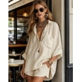 thumbnail image 5 of Dianli Women's Two Piece Boho Outfit, Oversized Button Down Shirt and Shorts Set, Casual Linen Summer Beach Vacation Wear, Lightweight Loungewear for All Occasions Pink M, 5 of 8