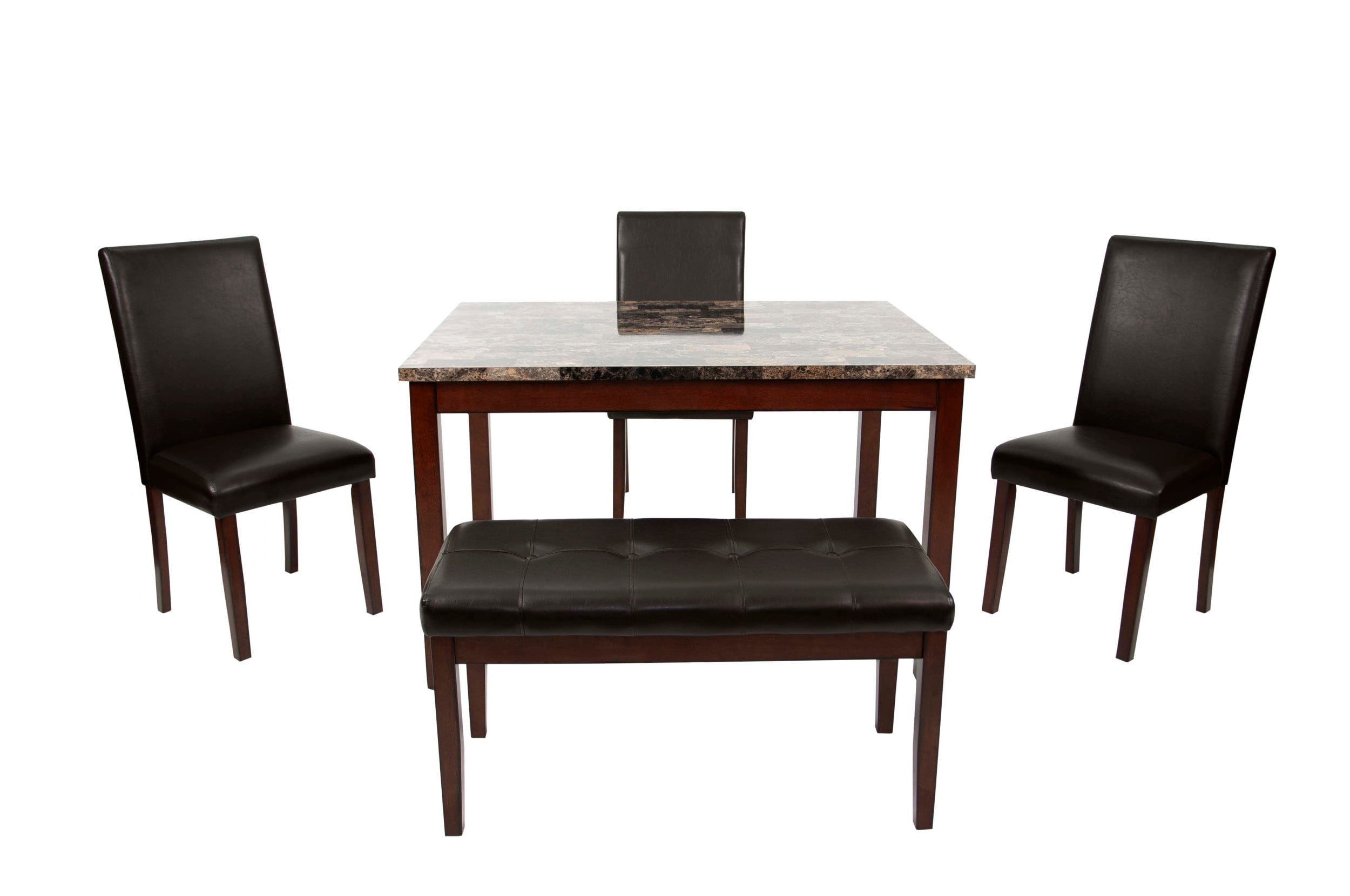 Aukfa 5-Piece Dining Set with 3 Chairs and Bench, Rectangular Faux Marble Table with Upholstered Seats for Kitchen or Dining Room, Brown