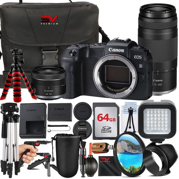 Canon EOS RP Mirrorless Camera with RF 24-50mm   75-300mm Lens   64GB Memory Card   Case   Tripod   SV Premium Accessory Bundle (International Version)