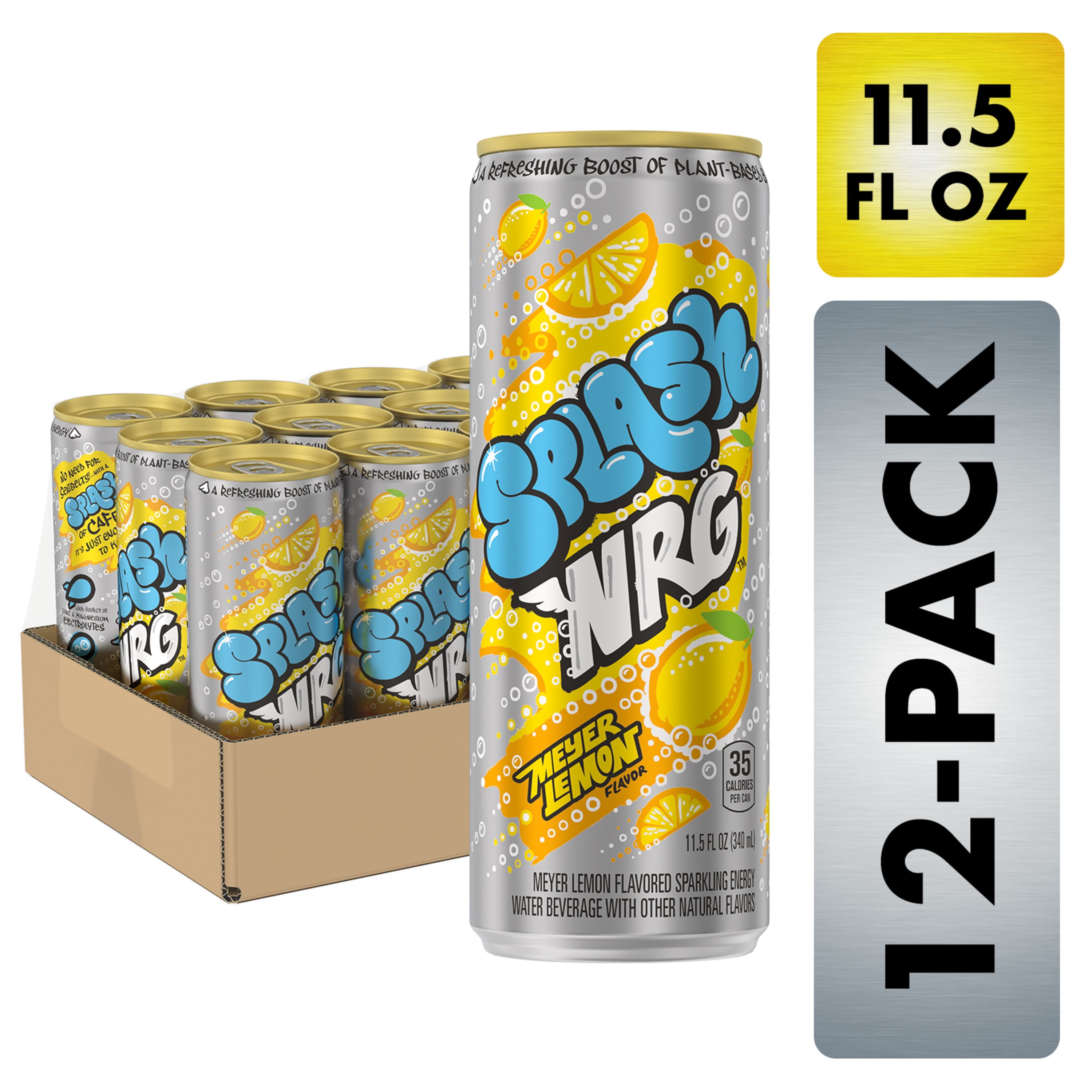 Splash NRG, Meyer Lemon Flavored Sparkling Energy Water Beverage, 11.5