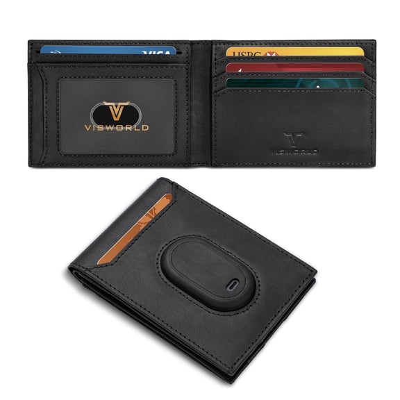 VISWORLD Men’s Bifold Full-Grain Leather Wallet Compatible with Samsung Galaxy SmartTag 2, RFID Blocking, 11 Card Slots (Black)