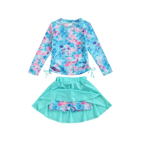

Cathery Kids Girls Two Piece Swimsuit Set Long Sleeve Rash Guard Bathing Suit Bottom Shorts with Skirt