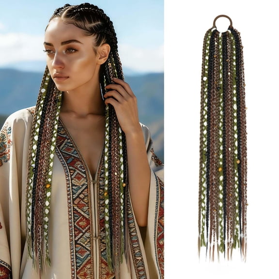 24" Boho Braided Ponytail Extension with Hair Ties, Hand-braided fashionable Long Viking Dreadlock Beads Ponytail Synthetic Hairpiece (Blonde with Brown, 24 Inch)
