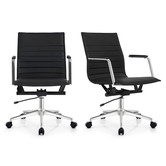 2xhome Set of 2 Mid Century Office Swivel Task Chair With Arms Wheels Modern Black Desk Chair Ergonomic Mid back PU Leather Arm Rest Adjustable Height