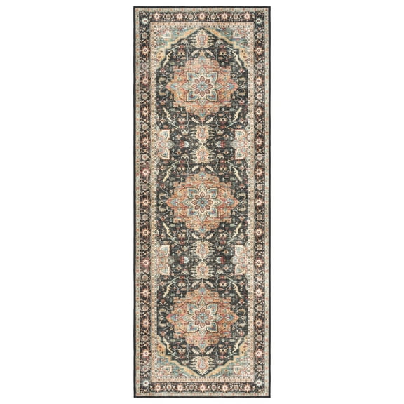 Crystal Print Tiefi Traditional Oriental Black/Beige Non-Slip Washable Indoor Area Rug, 2x6 Runner