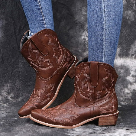 

UTTOASFAY Clearance Shoes Women Boots Retro Women Embroidery Square Heels Slip-On Short Booties Pointed Toe Shoes Flash Picks