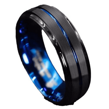 Designice Ring, Classic Black Brushed Design wedding band, Tungsten Steel mens wedding band, Unique Blue Groove wedding rings,Black