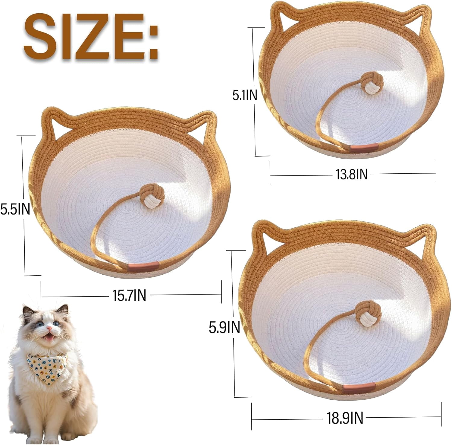 Stimulicat Cat Bed, Stimuli Cat Handwoven Basket, StimuliCat Cats Bed with Toy Tail, Foldable Scratchable Breathable Prevents Overheating for Cats (Beige-Gray,for 5.5-11.5 Ibs)