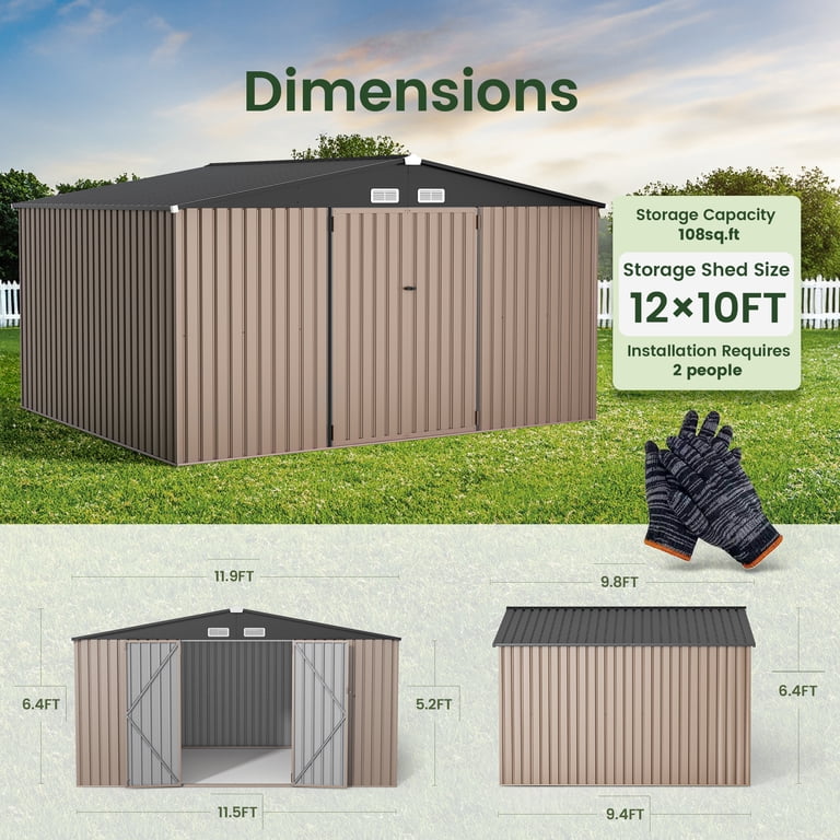 GVDV 10x12 FT Outdoor Metal Storage Shed, Durable Garden Shed with