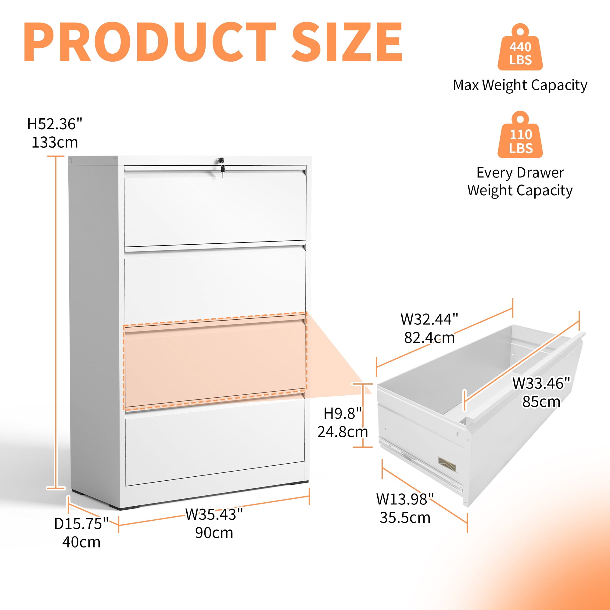 Lateral File Cabinet 4 Drawer, White Filing Cabinet with Lock, Lockable File Cabinet for Home Office, Locking Metal File Cabinet for Legal/Letter/A4/F4 Size