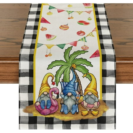 

Buffalo Plaid Gnomes Coconut Tree Christmas in July Table Runner Holiday Kitchen Dining Table Decoration for Home Party 13x72 Inch