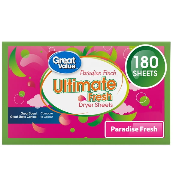 Great Value Ultimate Fresh Dryer Sheets, Paradise Fresh, 180 Count, Compare to Gain®