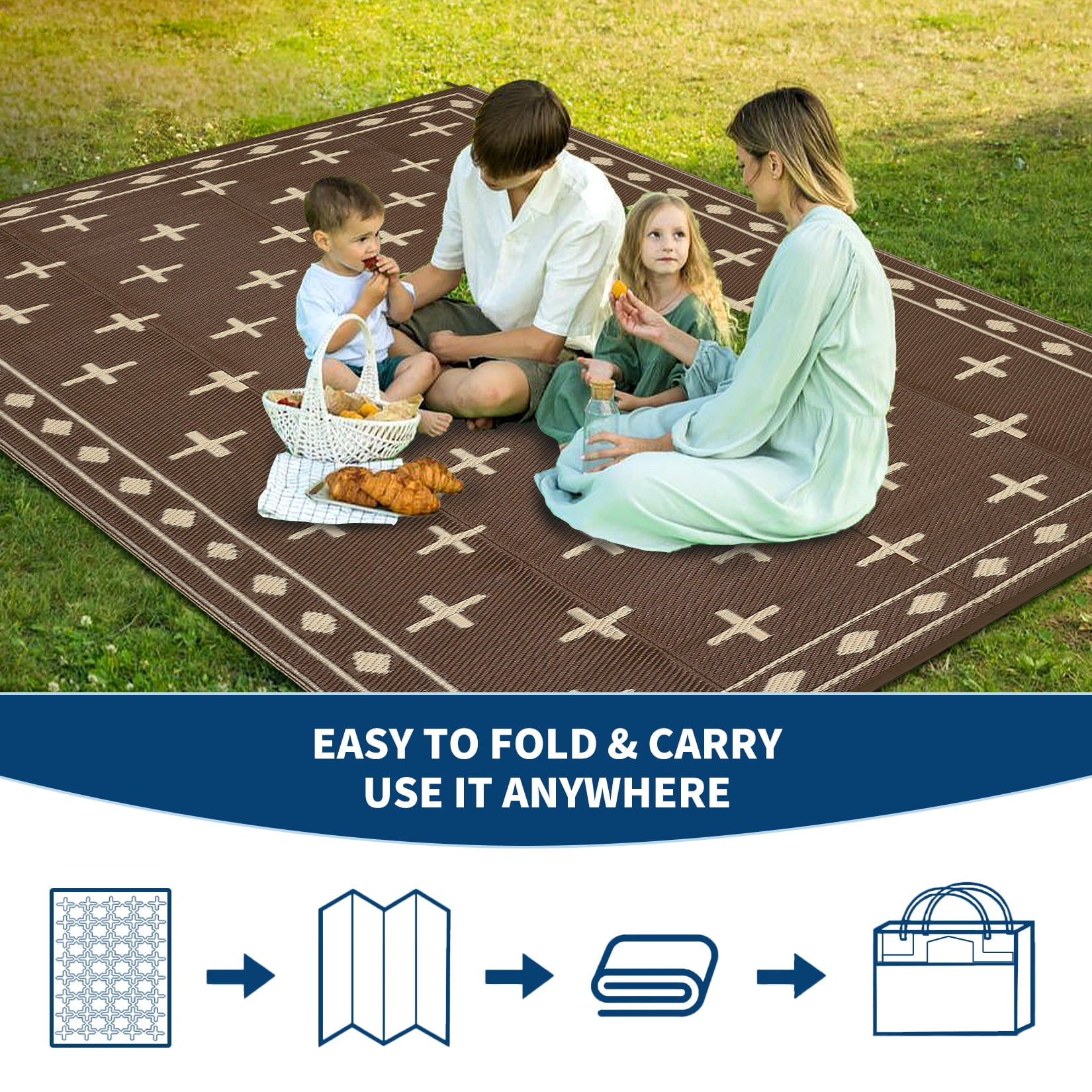 Volkmi Reversible Geometric Outdoor Rug – Waterproof, UV Resistant Low-Pile Plastic Mat for Patio, Garden, Camping, Easy to Clean, Large 8x10ft, Peony Brown/Coffee, USA Specs