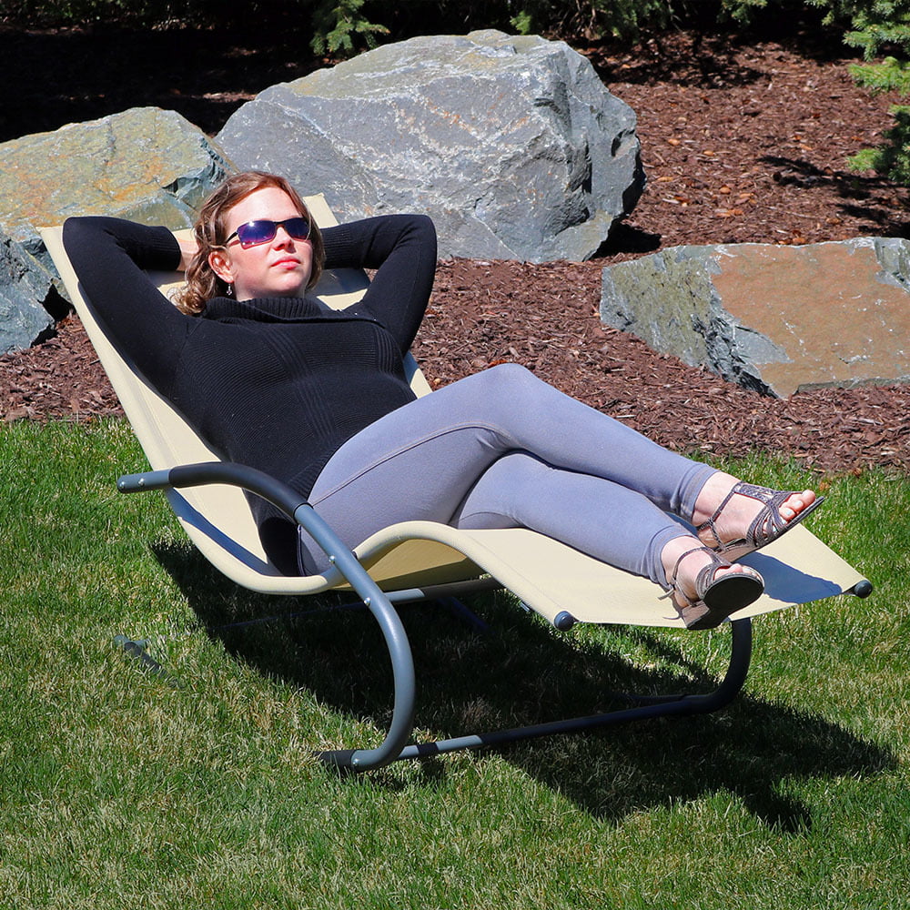 Beige Sunnydaze Outdoor Rocking Wave Lounger with Pillow Patio and Lawn Lounge Chair Rocker 